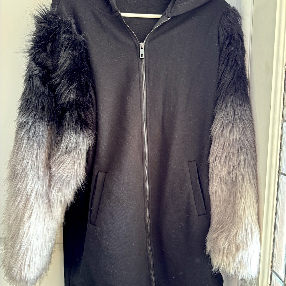 Ombre fur sleeve jacket with hood.